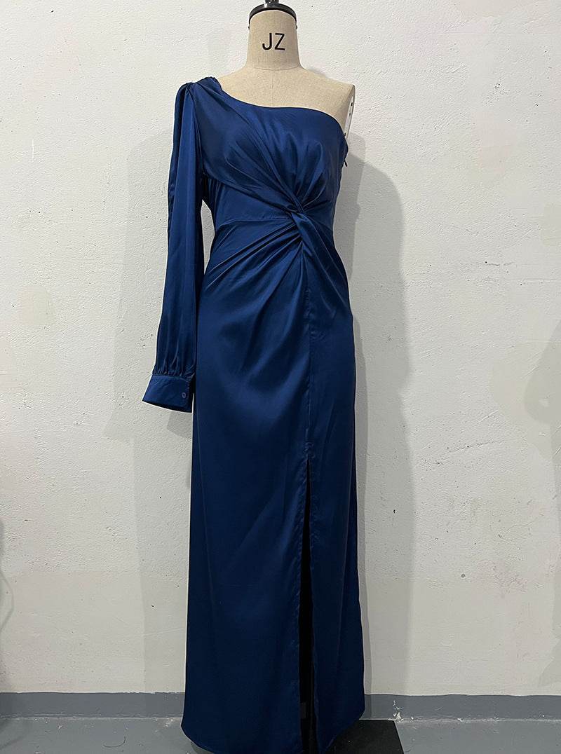 Women's One-shoulder Split Dress Ins Fashion Long-sleeved Slim Long Dresses Party Evening Clothing Dark Blue