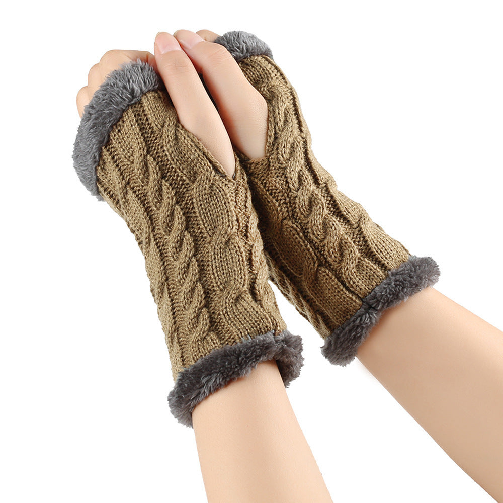 Winter Plush Gloves Twist Knitted Fingerless Fleece Gloves Women Warm Thickened Woolen Gloves Dark Khaki One Size
