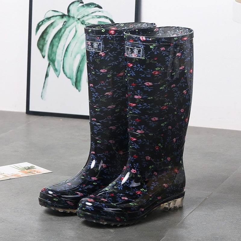 Women's Floral Knee-high Rain Boots Long Non-slip Wear-resistant Rain Boots Blue Small Flower