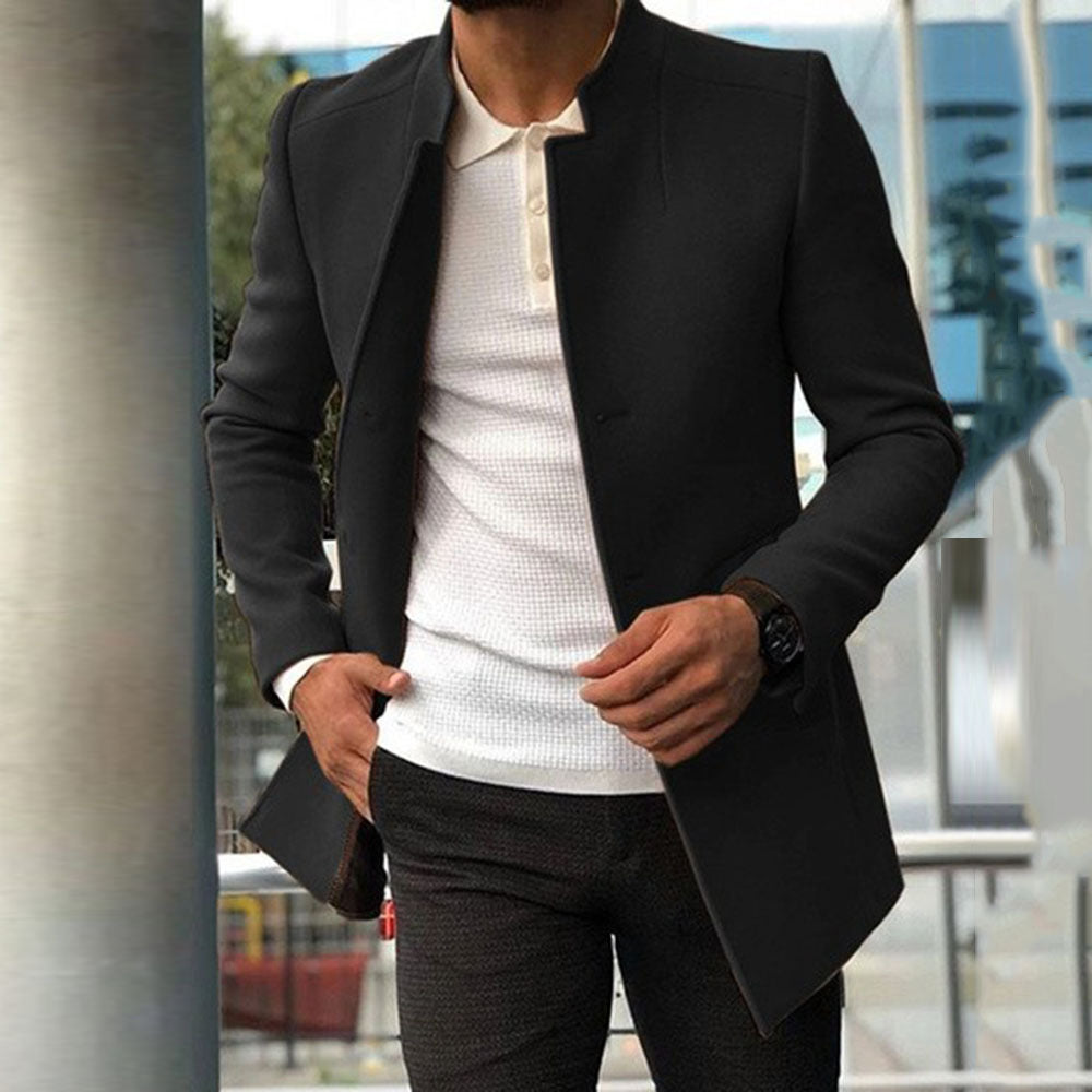 Men's Slim Coat Fashion Single-breasted Solid Color Business Jackets Fall And Winter Tops Outwear Clothing Black
