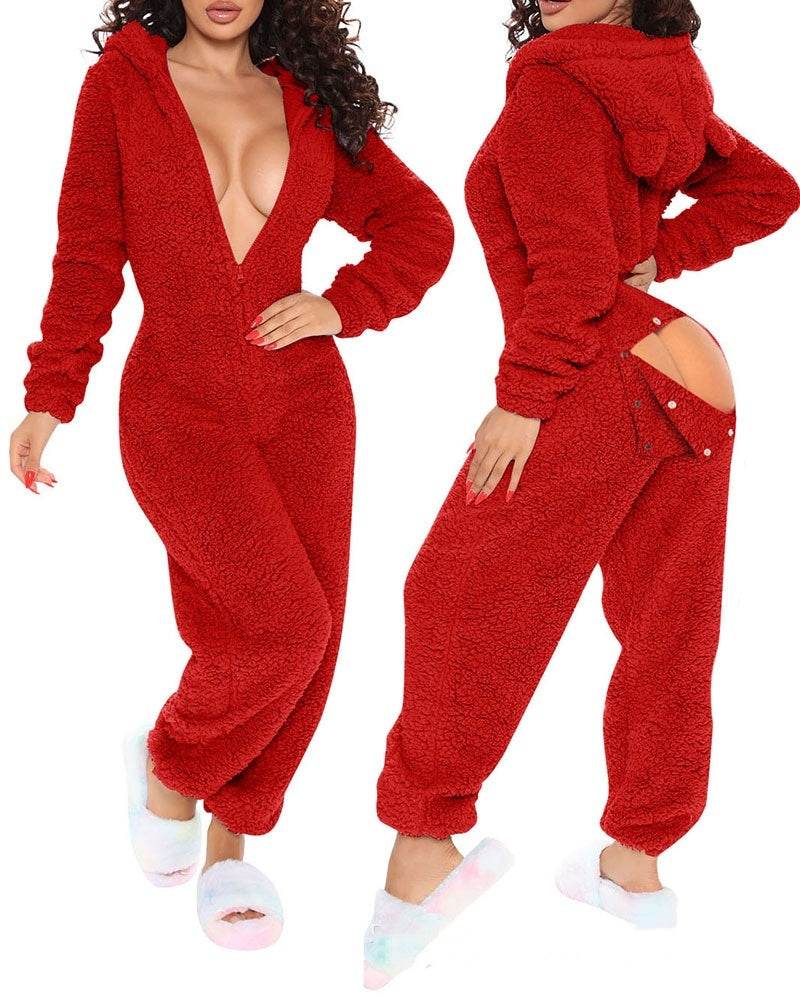 Long Sleeve Hooded Trousers Plush Homewear Pajamas Jumpsuit XH8021A r