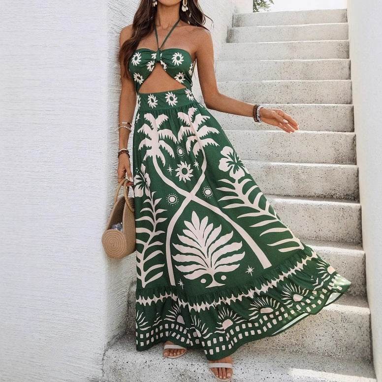 Women's Holiday Style Printed Front Cross Mid-length Dress