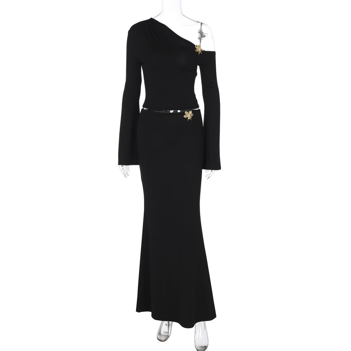 Sexy Slim Oblique Shoulder Skirt Suit With Flower Fashion Bell Sleeve Long Sleeve Top And High Waist Long Skirt Women Clothing Black