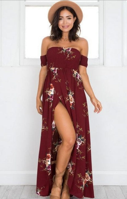 Boho style long dress women Off shoulder beach summer dresses red