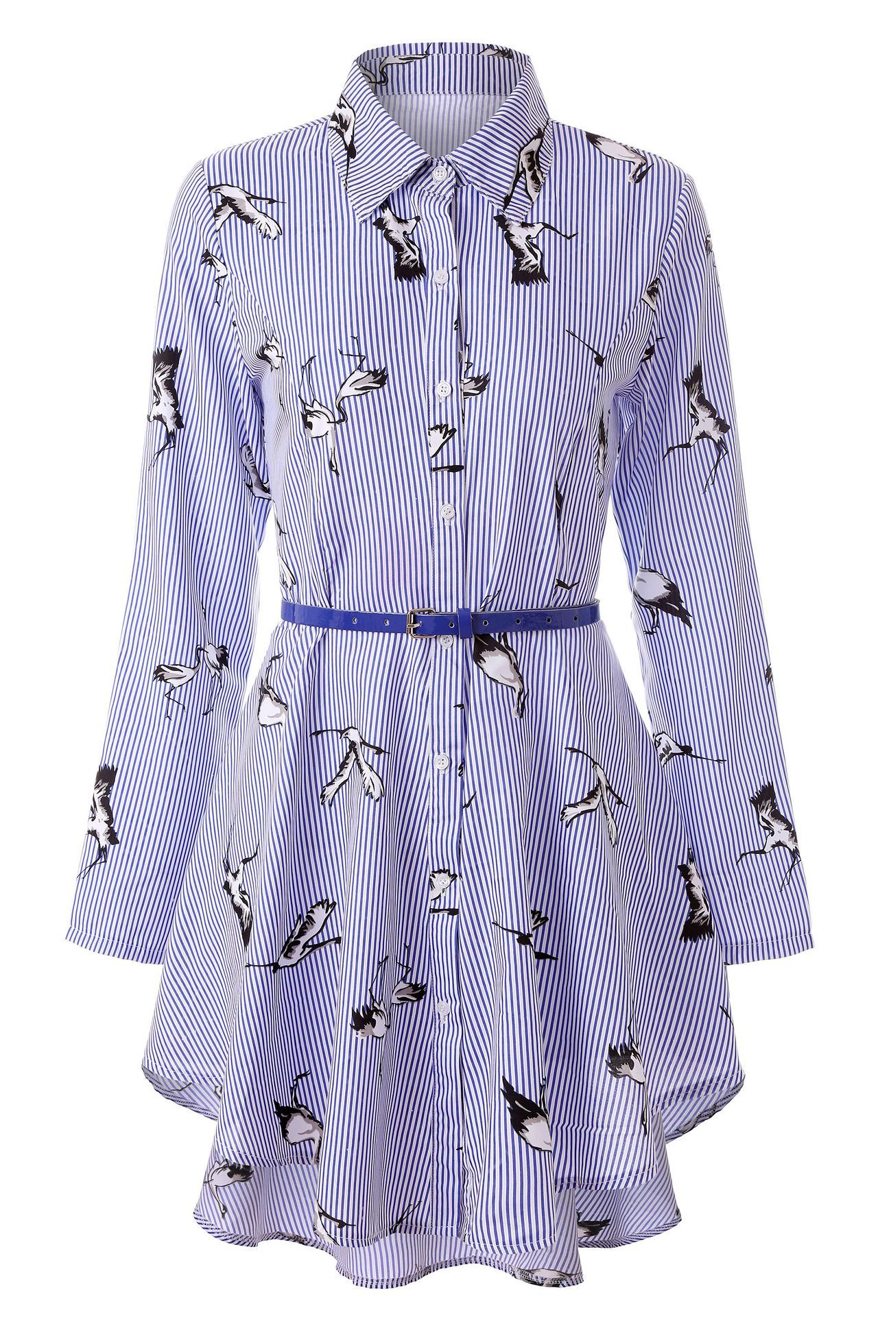 Long sleeve women's striped shirt Blue Printed Bird