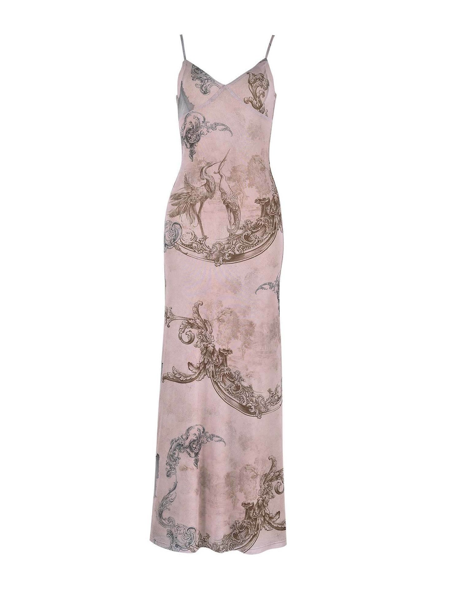 Y2K Slim Flowers Printing Slip Dress Women's Summer Suspender Skirt Vacation Beach Long Dresses Khaki