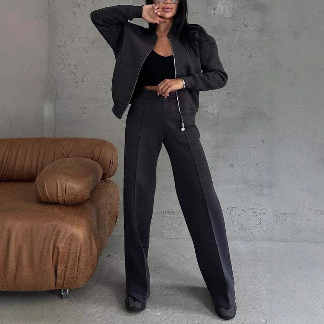Women's Sports Suits Zipper Jacket And Wide Leg Pants Two-piece Set Black