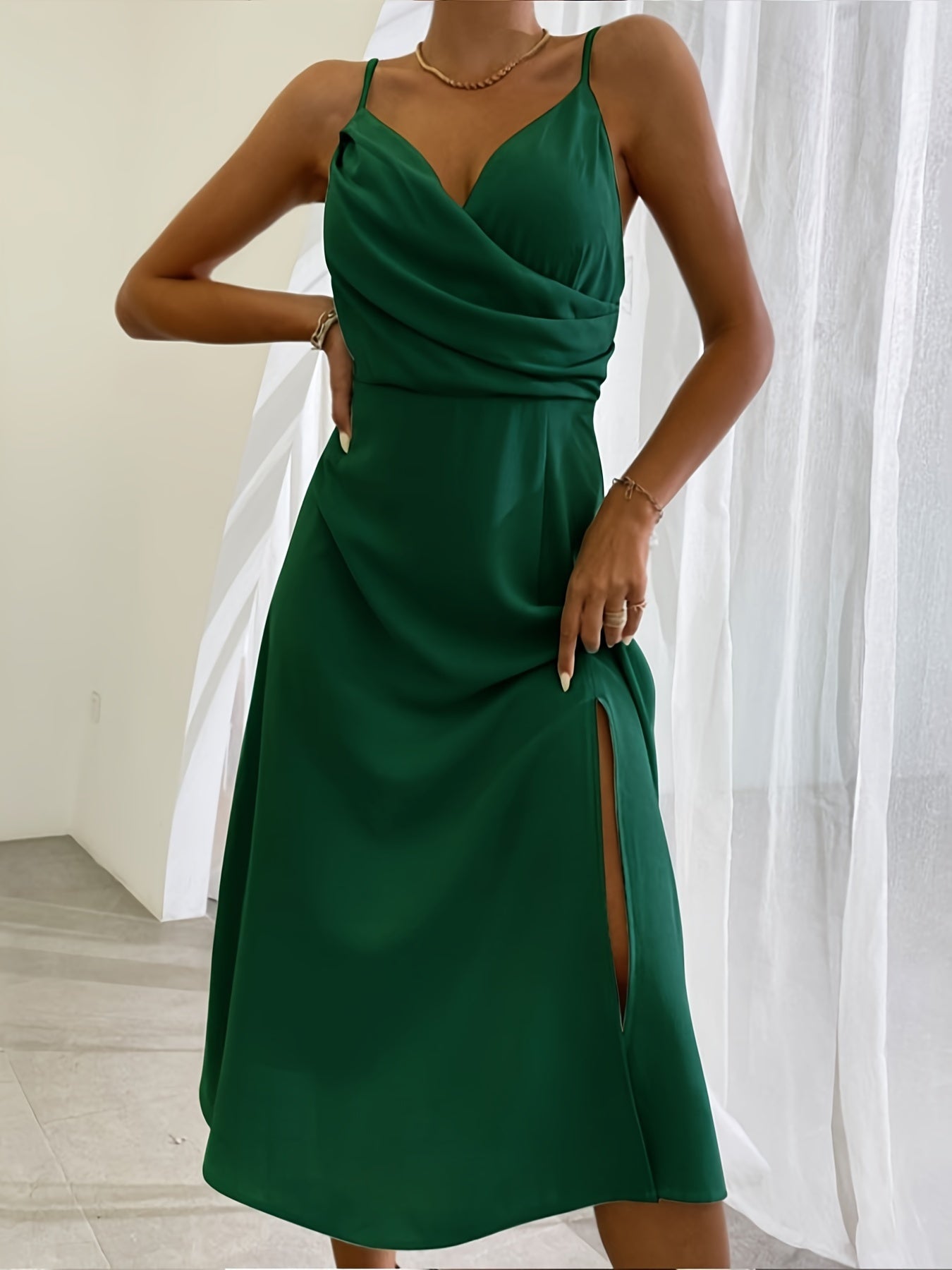 V-neck Slit Sling Dress Summer Fashion Sexy Slim Suspender Dresses For Women Clothing Dark green