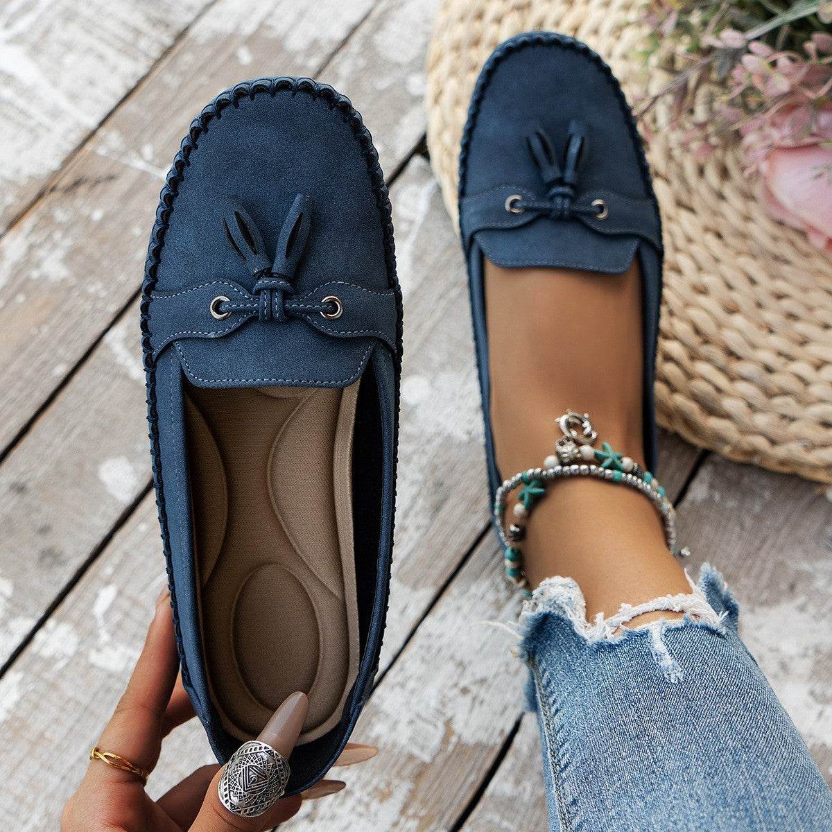 Women's Round Head Loafers Fashion Non-slip Soft Comfortable Flats Shoes Navy Blue