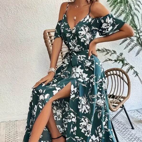 Flower Print Split Suspender Dress With Lace-up Design Summer Fashion Long Dresses Beach Clothing For Women Dark Cyan