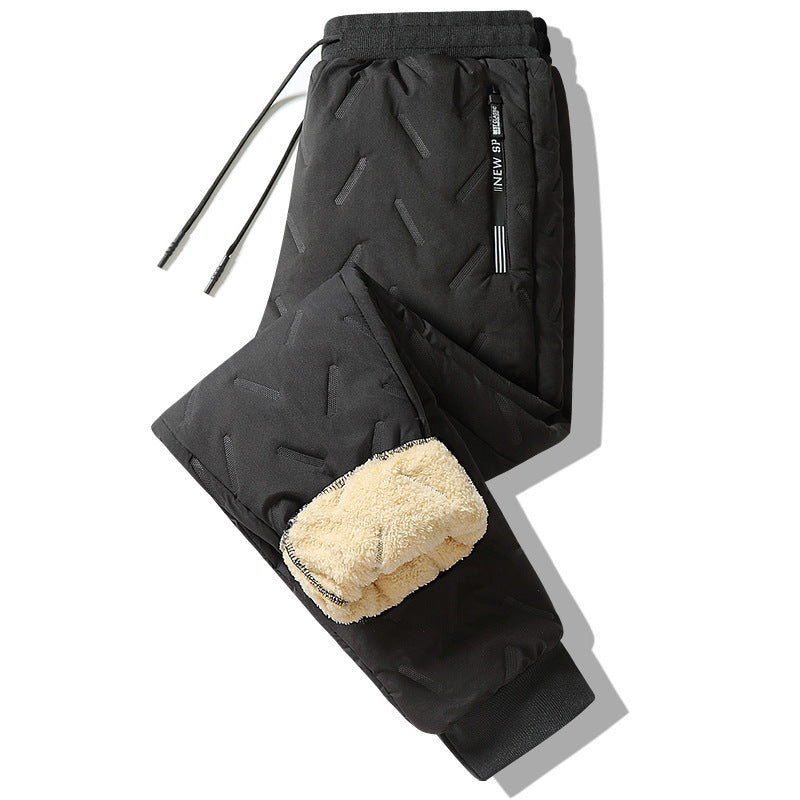 Winter Sweatwear Men Plush Thick Fleece Sweatpant Lambswool Thermal Trousers Casual Pants Waterproof Windproof Warm Cotton Pants Black ankle binding