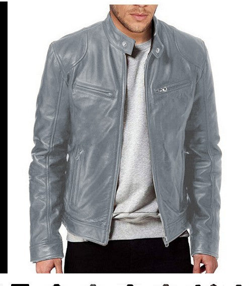 Gentleman's Warm Zipper Cardigan Pocket Decorated Pu Leather Coat Grey