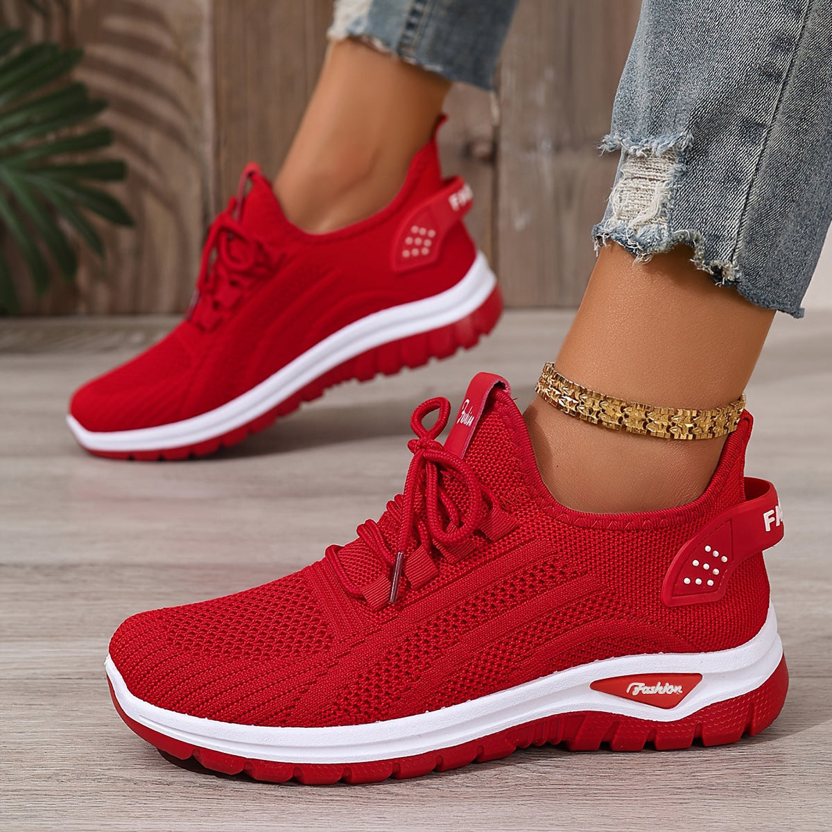 Flying Woven Shoes Women's Fashion Casual Mesh Sneaker Bright Red