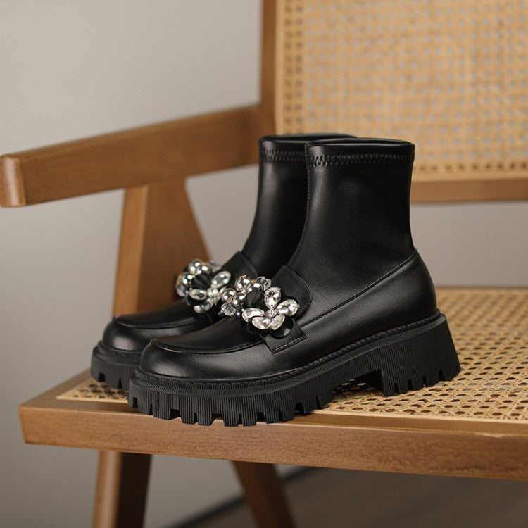 Round Toe Rhinestone Flower Elastic Boots Boots Women's Shoes Black velvet