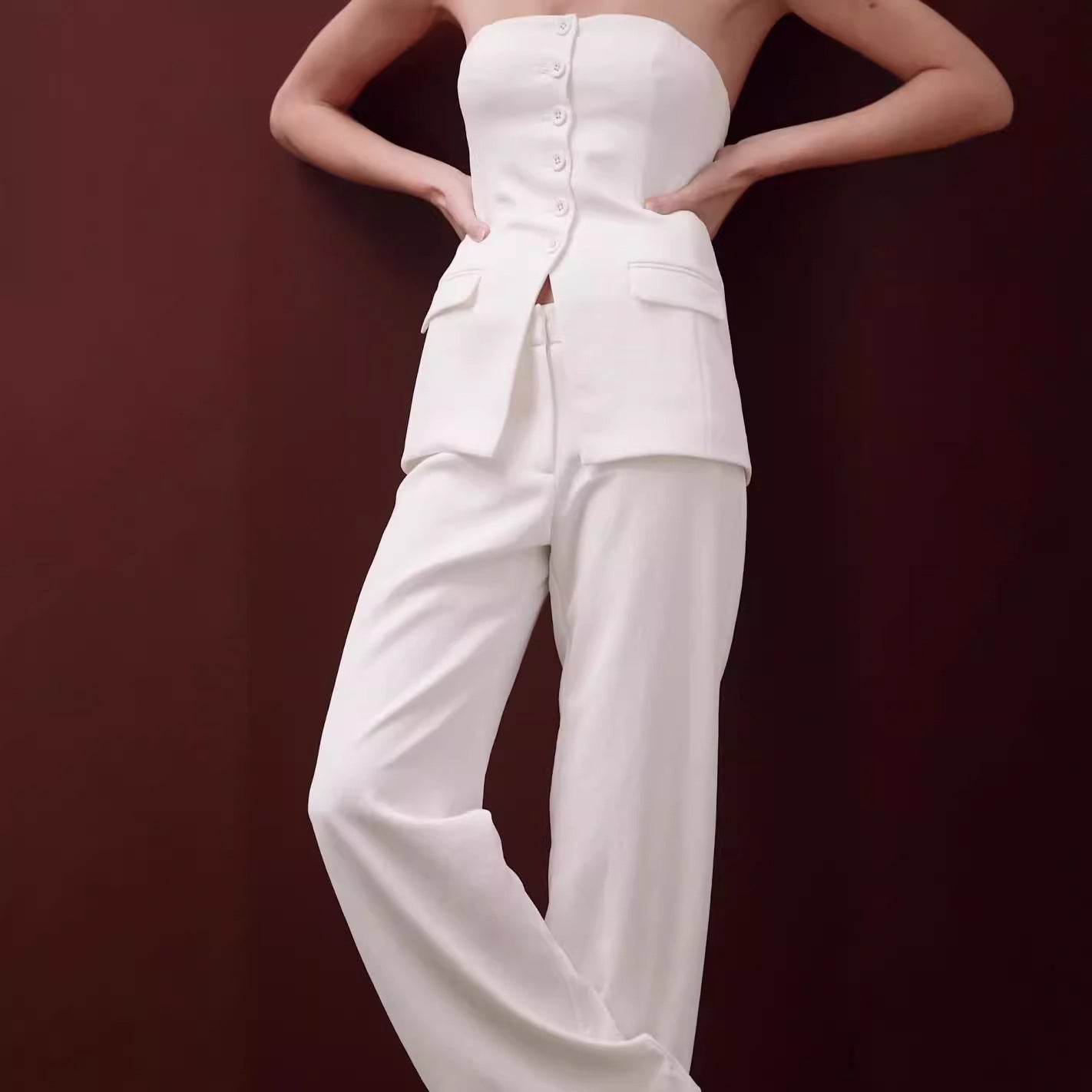 Graceful Tube Top Suit Fashion Button Sleeveless Top And Straight Pants Women's Trousers Set White