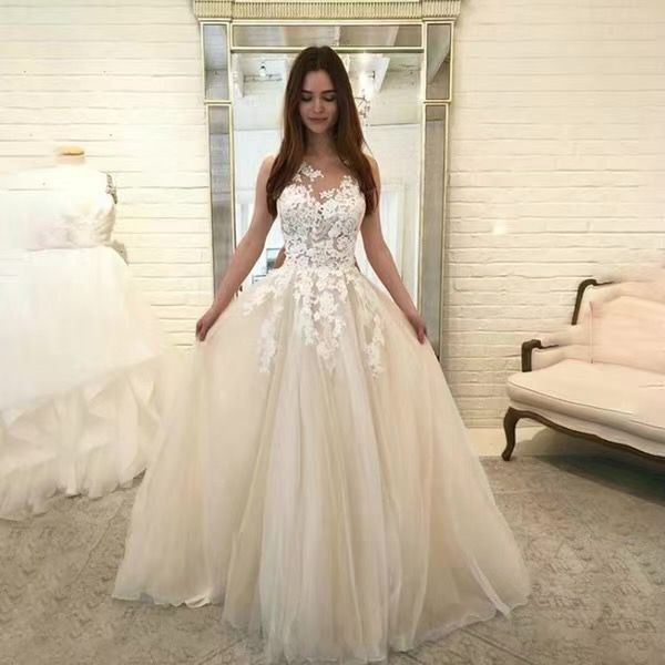 Women Wedding Dress Sleevless Flowers Lace Dress White