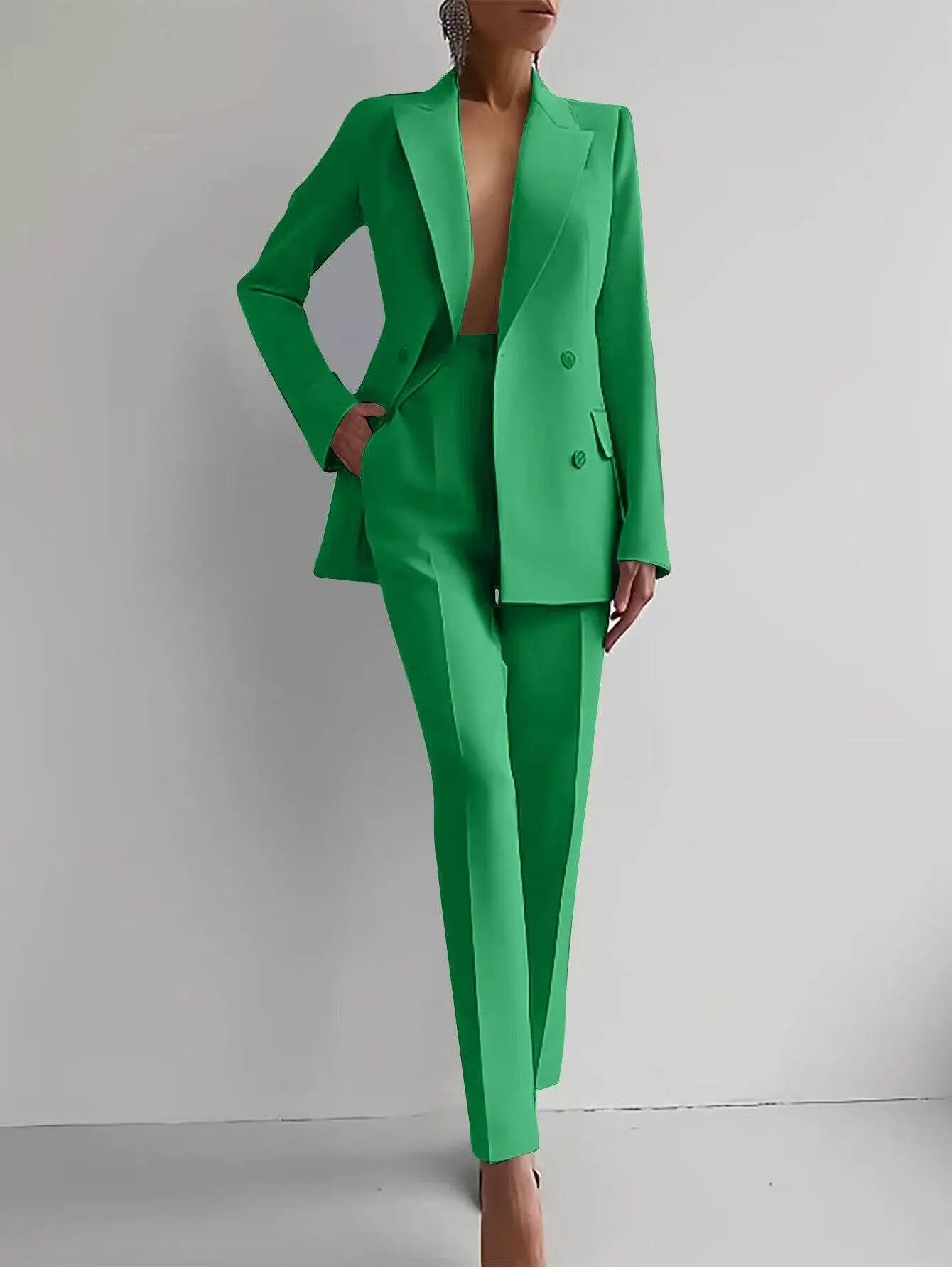Casual Suits Fashion Long Sleeve Single-breasted Jacket Top And Slim Fit Trousers Women's Business Suits Green2