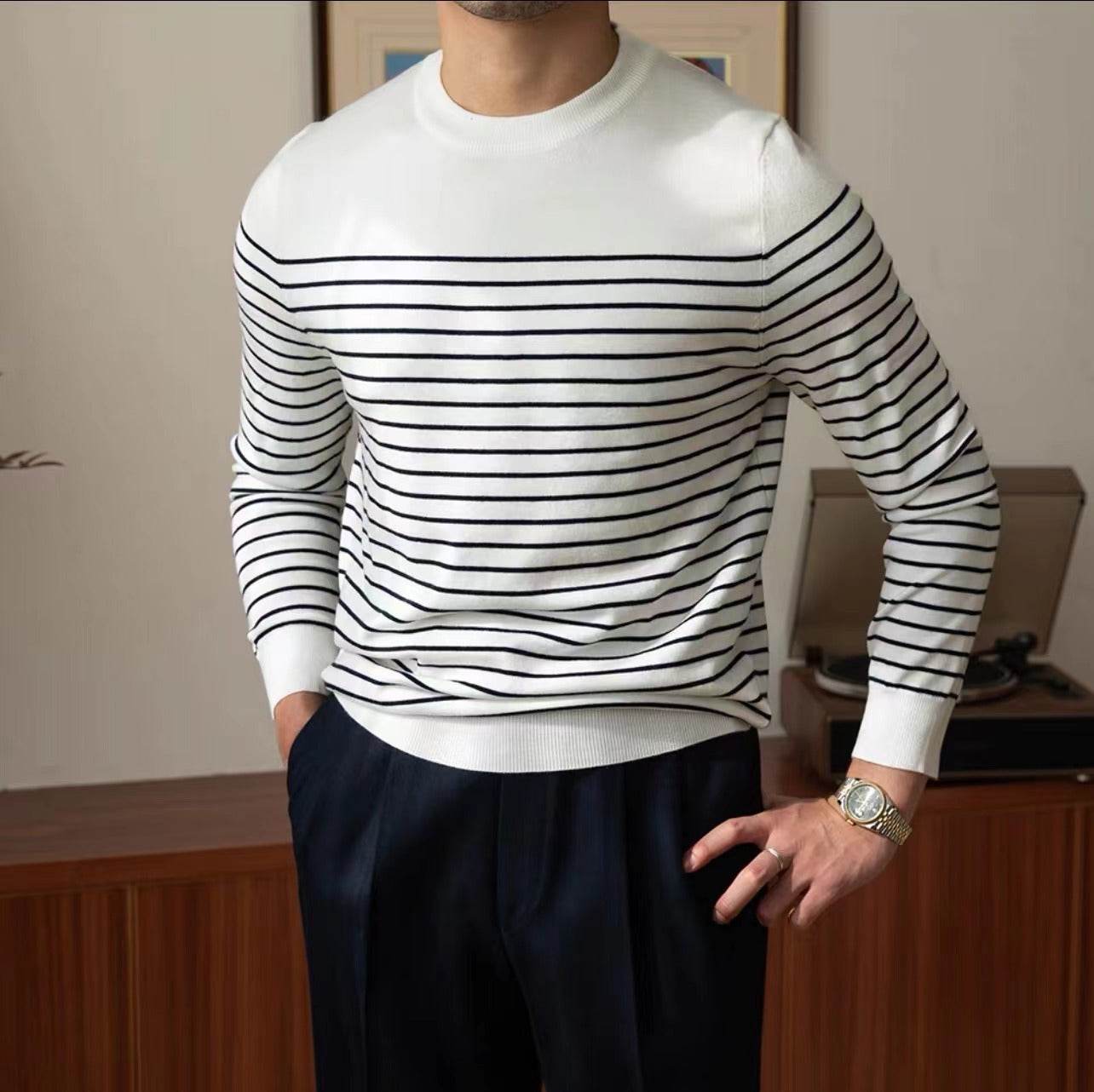 Business Commute Striped Design Contrast Color Long Sleeves Knitwear White