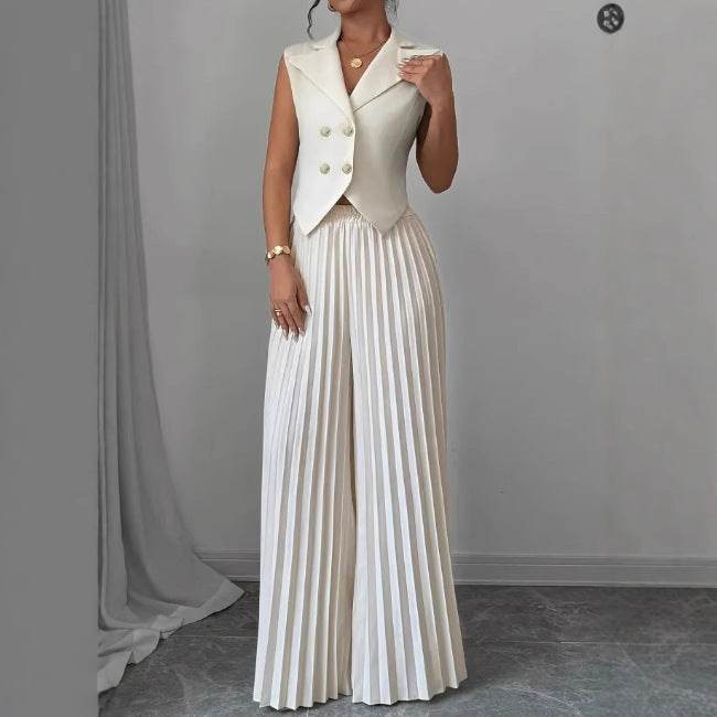 Summer Sleeveless Suit Fashion Lapel Button Vest Top And Pleated Straight Pants Women's Trousers Set Clothing