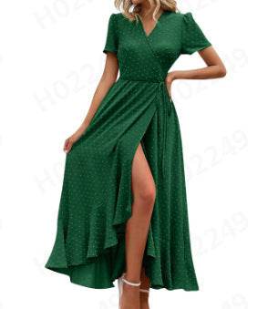 Short Sleeve Pleated Slit Hemline At Hem Beach Dress Dark Green