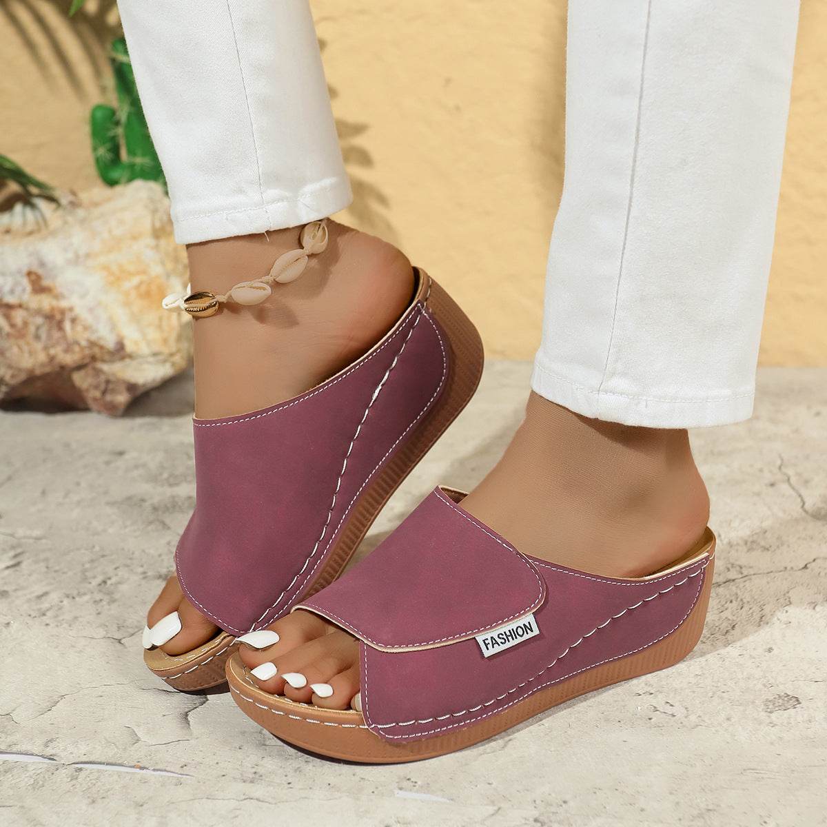 Summer Wedge Slides Slippers Fashion Fish Mouth Thick Bottom Roman Shoes Solid Color Beach Sandals For Women