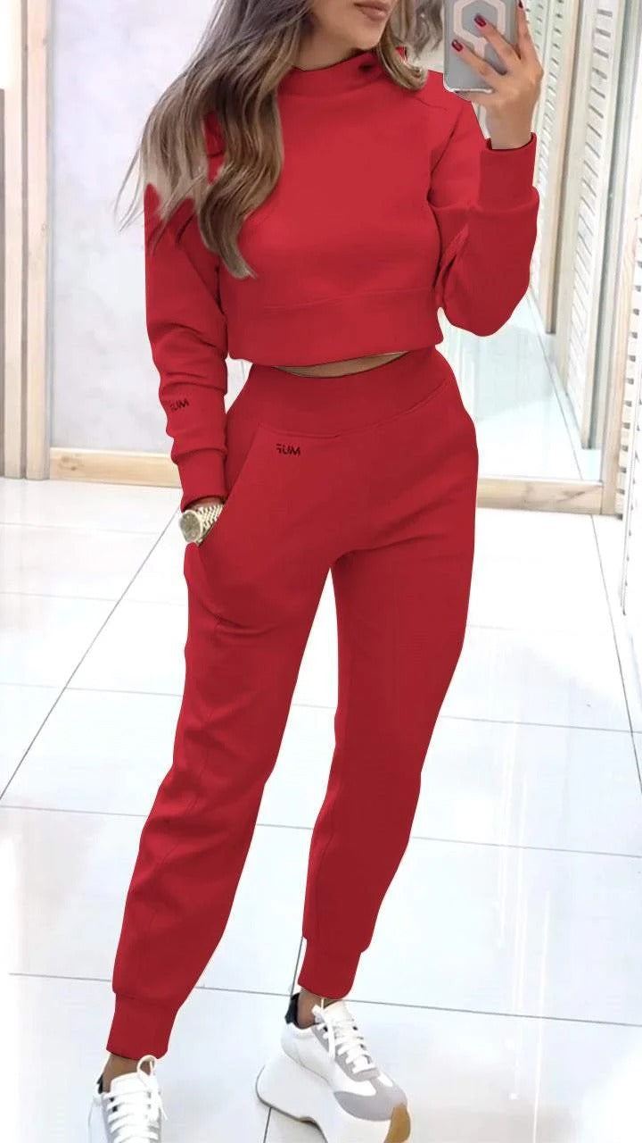 Stand Collar Sports Suit Fashion Pullover Long-sleeves Short Top And Slim Trousers With Pockets Solid Outfits Women's Clothing Red