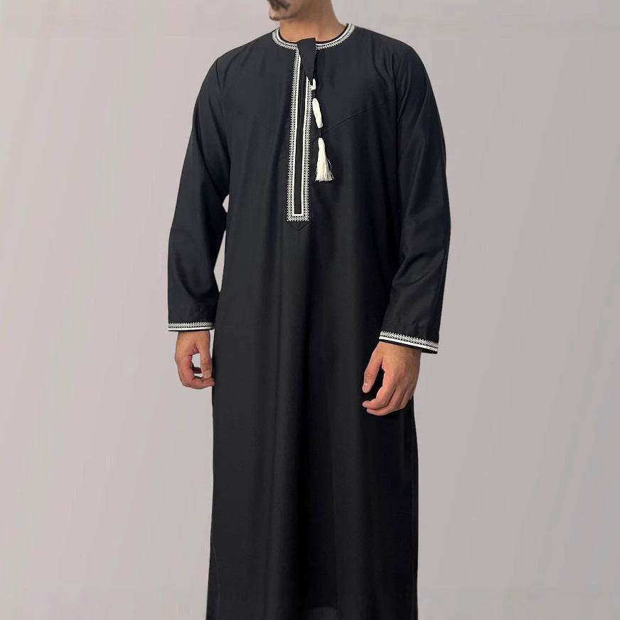 Solid Color Round Neck Embroidered Thick Tassel Oman Gowns Saudi Arabia Men