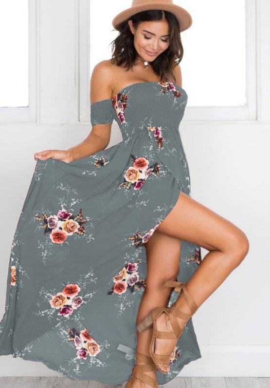 Boho style long dress women Off shoulder beach summer dresses green