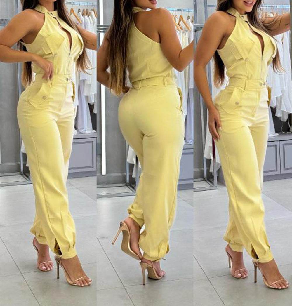 Halter Top Casual Working Pants Two-piece Suit Yellow