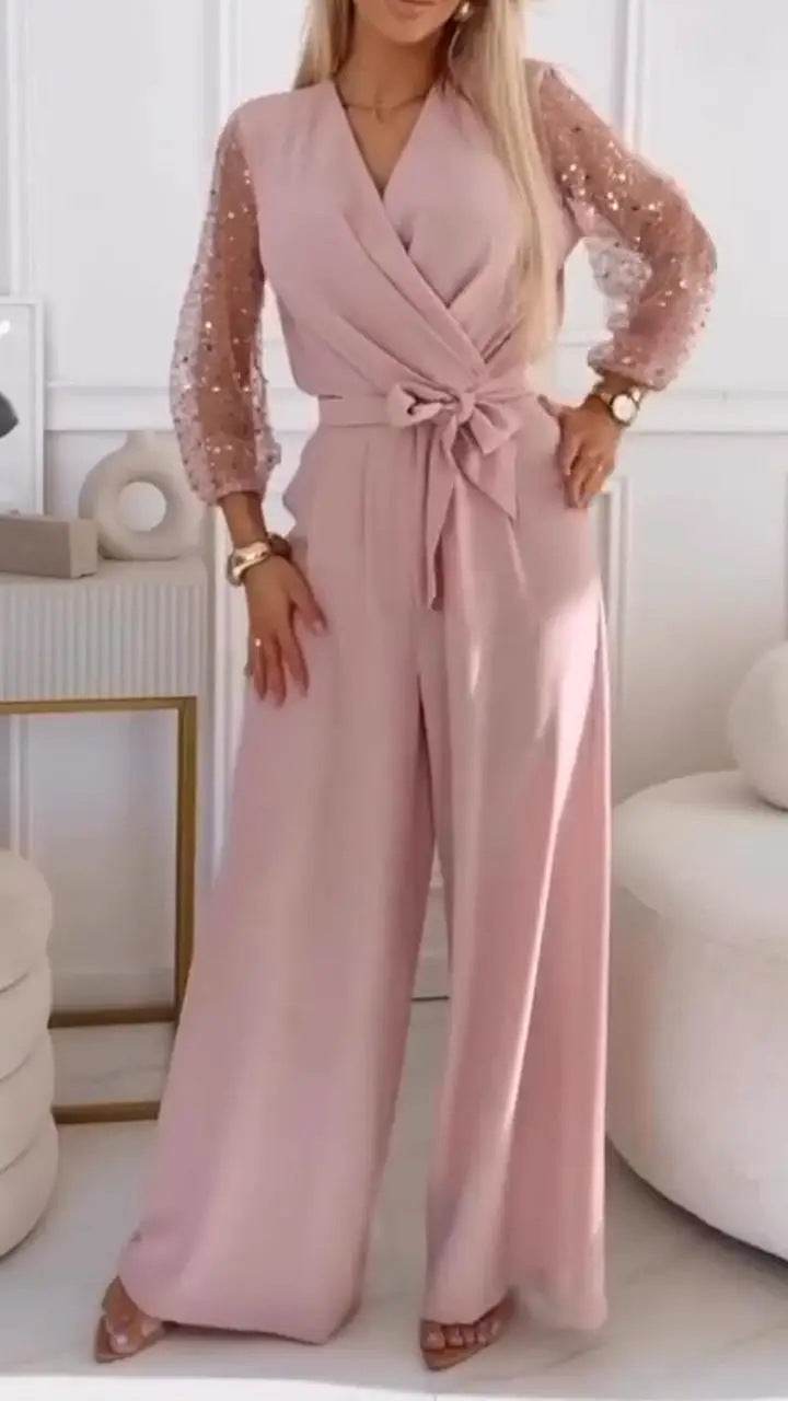 Sequined Top Wide Leg Pants Casual Suit Women Pink