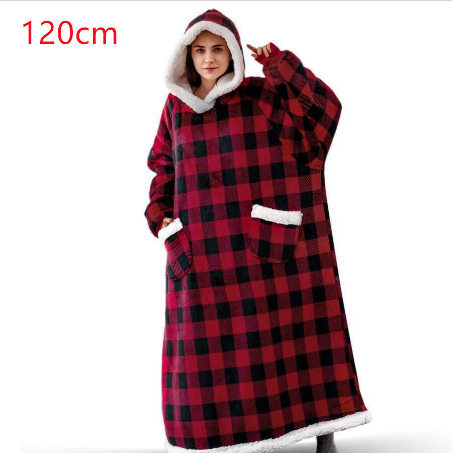 Winter TV Hoodie Blanket Winter Warm Home Clothes Women Men Oversized Pullover With Pockets 120cm red black grid One Size