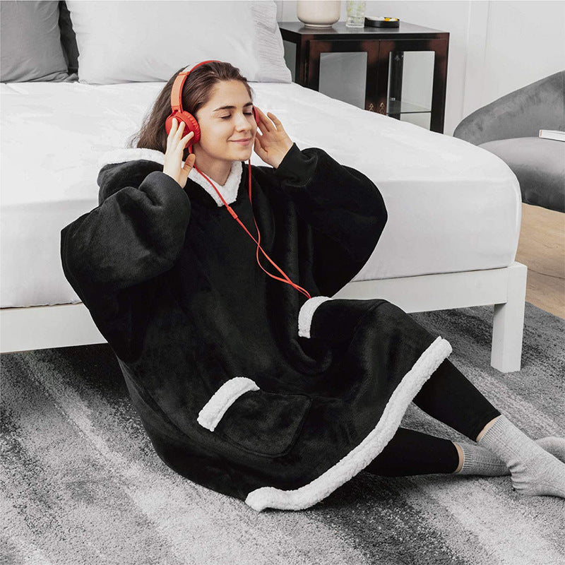 Winter TV Hoodie Blanket Winter Warm Home Clothes Women Men Oversized Pullover With Pockets Short black One Size