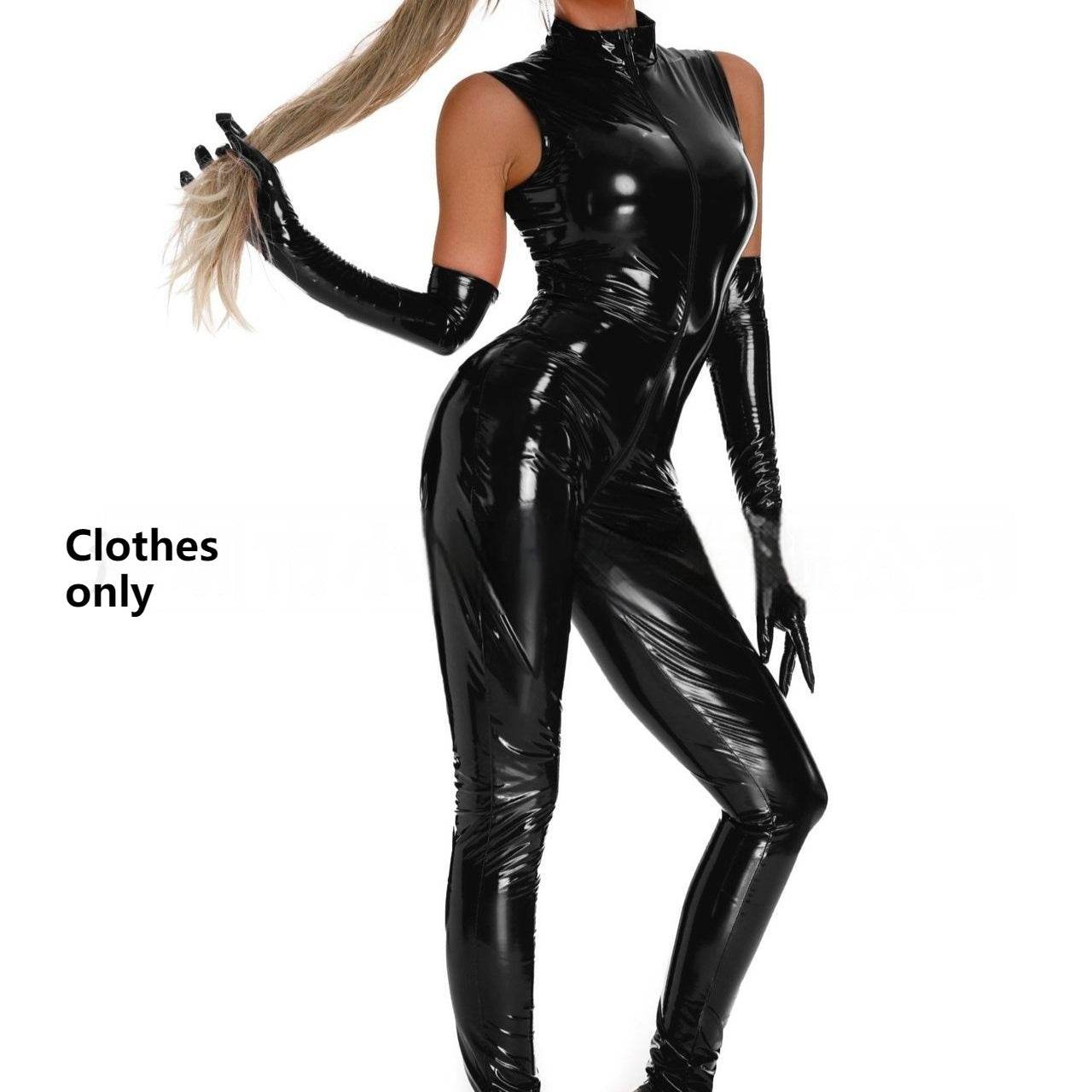 Shiny Patent Leather Mirror One-piece Leather Coat For Women Black clothes only