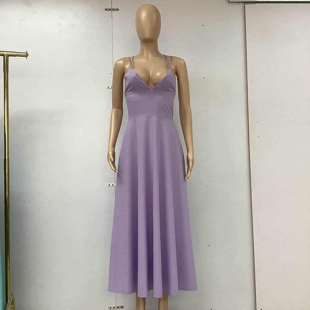 Sexy V-neck Suspender Dress Summer Fashion A-Line Long Dresses For Women Purple