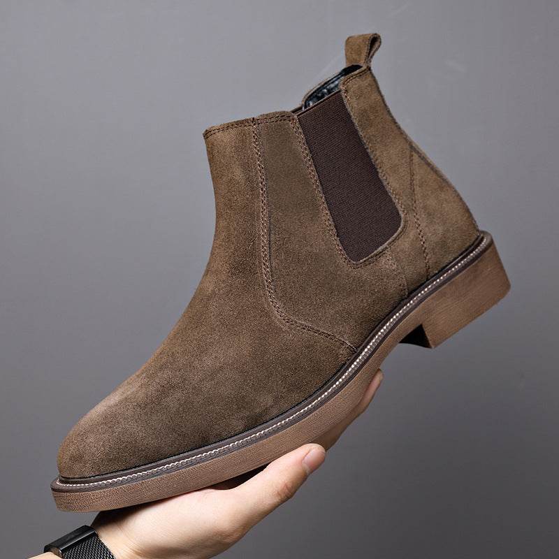 Men's Suede Leather Autumn And Winter New Fleece-lined Pointed Ankle Boots 1388 Four Seasons Brown