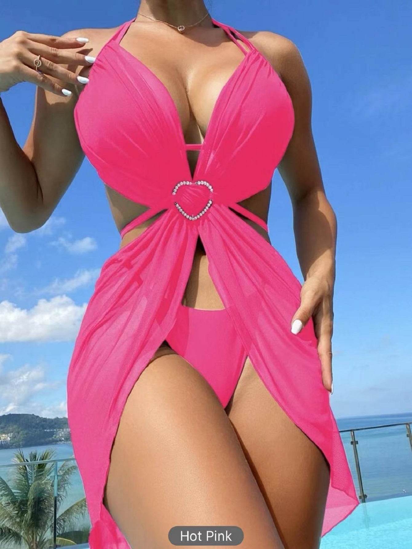 3pcs Halter Neck Bikini Beach Summer Solid Color Split Swimsuit Womens Clothing - La Gaelliance DG ESsence