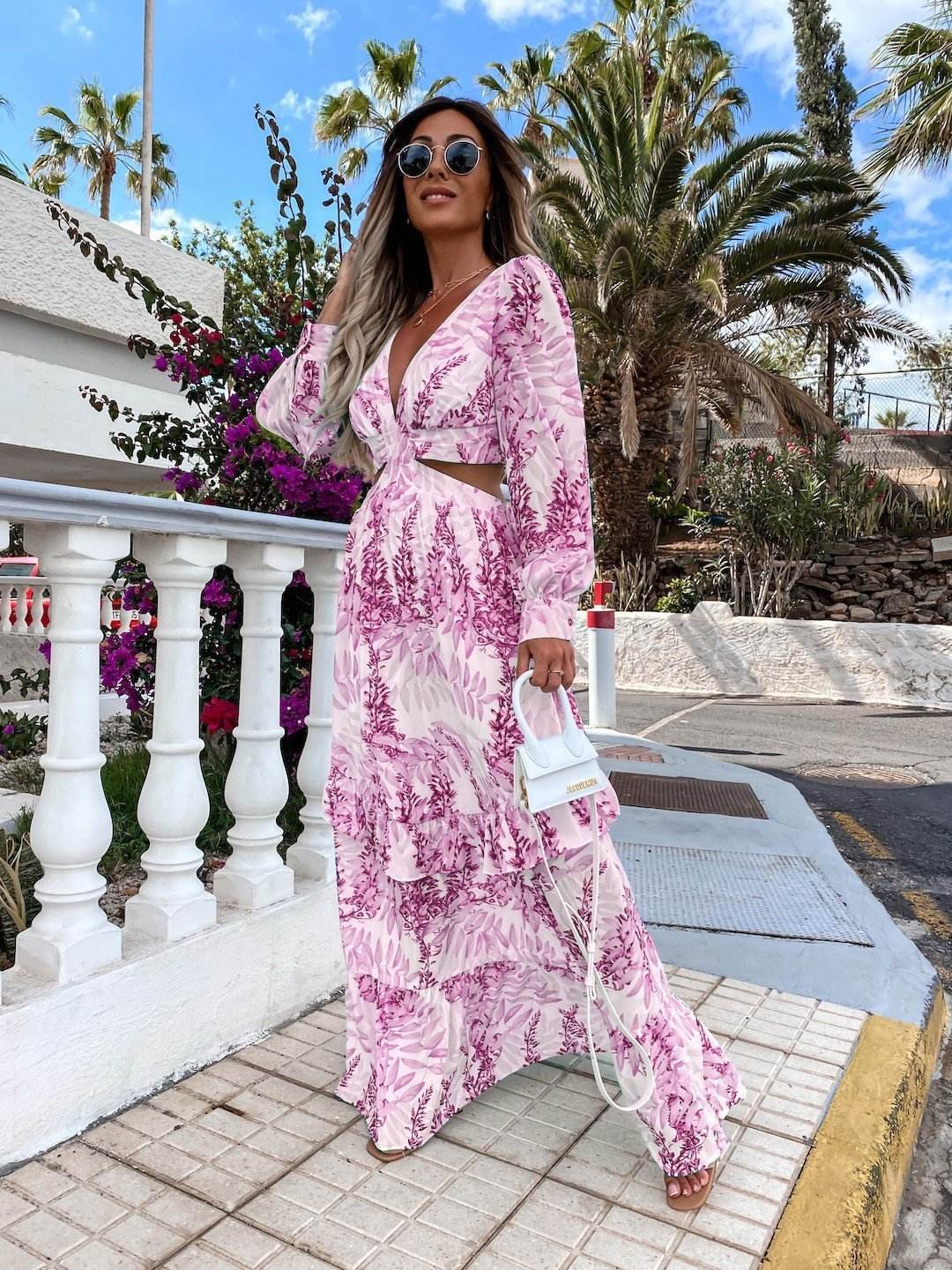 Elegant Women's Hollow Floor V-neck Long-sleeved Plant Dress Long Dresses Spring Summer Print V-neck Long Sleeve Dress Pink