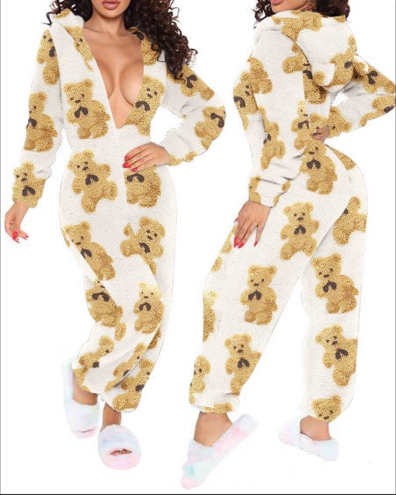 Long Sleeve Hooded Trousers Plush Homewear Pajamas Jumpsuit XH8021K