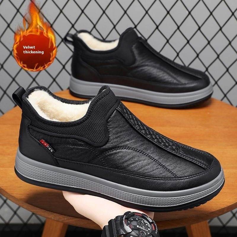 Winter Warm Fleece Snow Boots Round-toed Platform Ankle Boot Fashion Simple Non-slip Flat Cotton Shoes Men Black