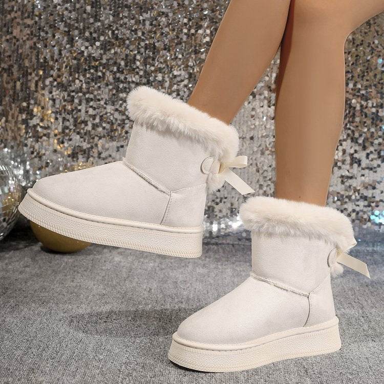 Winter Snow Boots With Bowknot Fashion Round Toe Flat Thickened Suede Cotton Shoes For Women Casual Warm Plush Short Boot Beige