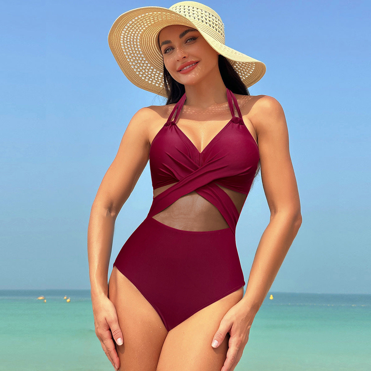 Halter-neck One-piece Swimsuit Summer Solid Color Cross-strap Design Mesh Bikini Beach Vacation Womens Clothing Wine Red