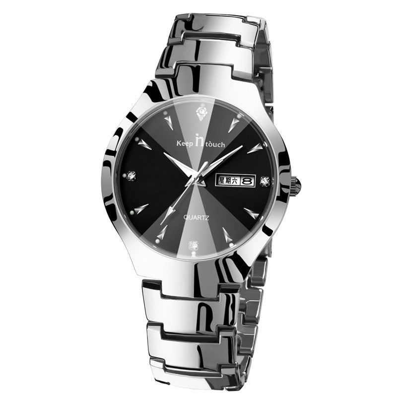 Luminous watch couple watch calendar quartz watch Silver black Male