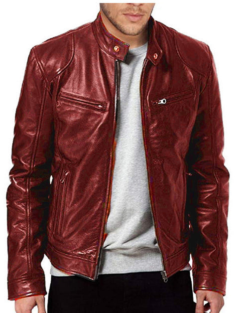 Gentleman's Warm Zipper Cardigan Pocket Decorated Pu Leather Coat Red