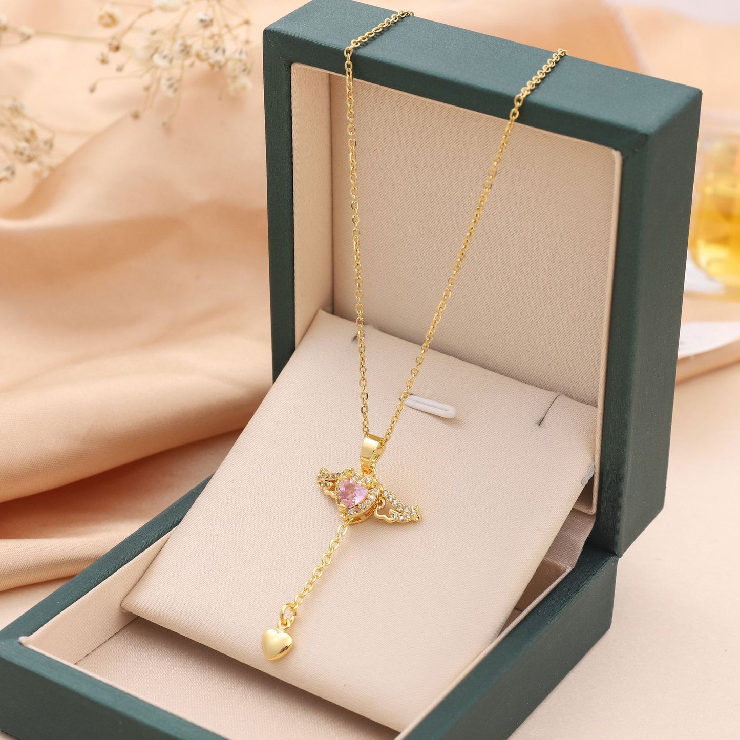 Moving Cupid Heart Angel Wings Tassel Necklace With Crystal Clavicle Chain Women Jewelry Gift Valentine's Day Gold