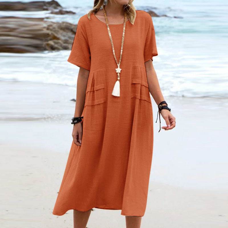 Women's Summer Loose Casual Midi Dress Breathable Cotton Linen Short-sleeve Mid-length Dresses Women Simple Beach Dress Orange