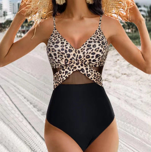 Halter-neck One-piece Swimsuit Summer Solid Color Cross-strap Design Mesh Bikini Beach Vacation Womens Clothing Leopard print
