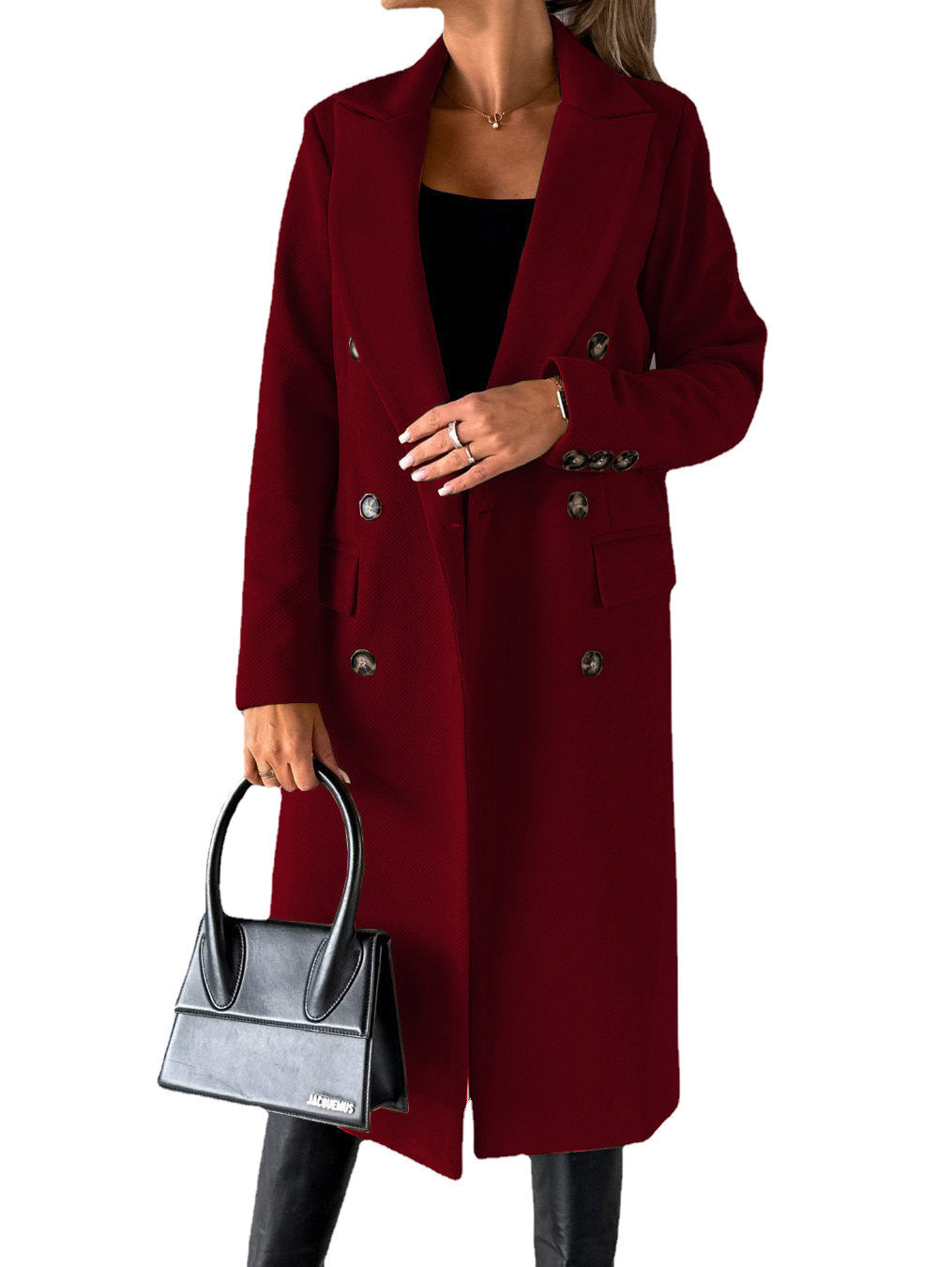 Long Sleeve Lapel Coat Winter Fashion Solid Double Breasted Slim Long Jacket Womens Clothing Wine Red