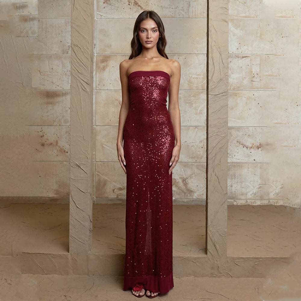 Backless Slit Tube Top Dress Wine Red