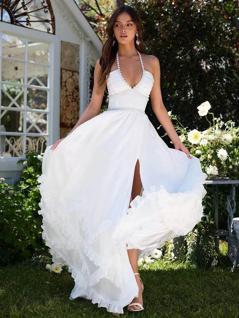Women's French Romantic Strap Halter White Dress