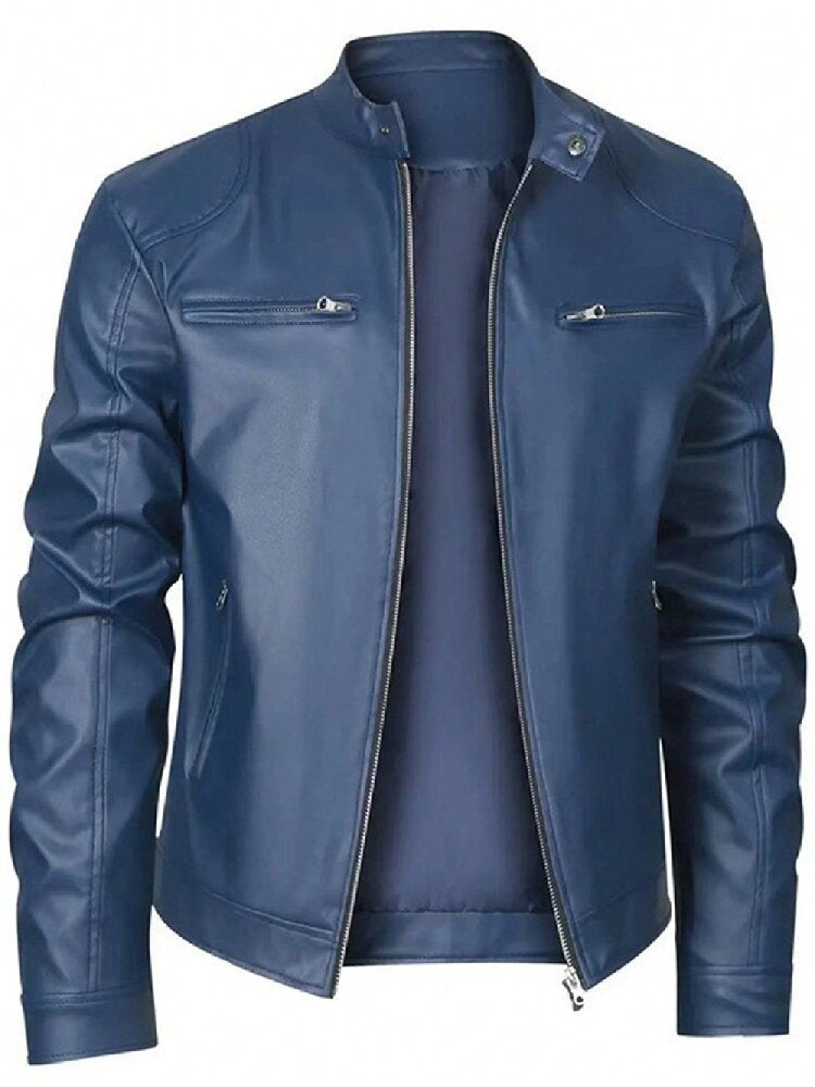 Gentleman's Warm Zipper Cardigan Pocket Decorated Pu Leather Coat Lake blue XL